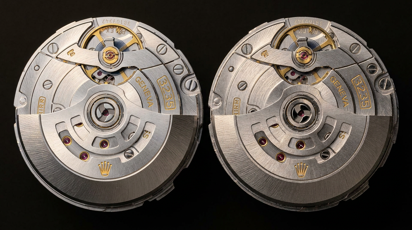 N-minus-1 parity — a genuine Rolex Cal. 3235 beside its Dandong clone under the loupe