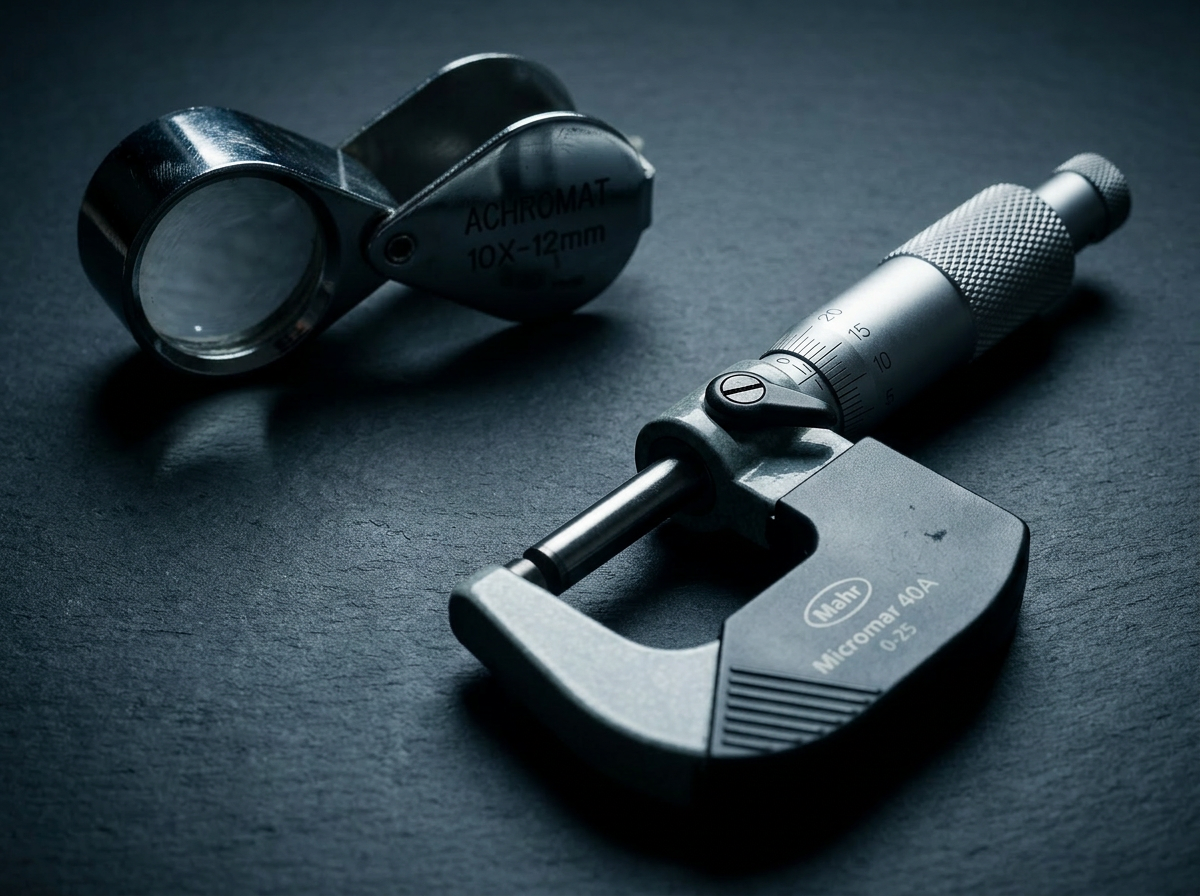 The collapse of human authentication — the watchmaker's loupe abandoned beside the micrometer